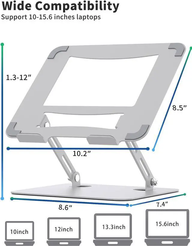 Alt view image 6 of 7 - Laptop Stand for Desk with Stable Heavy Base, Adjustable Height Multi-Angle, Ergonomic Metal Riser Holder, Foldable Mount Elevator, Compatible with 10 to 15.6 Inches PC Computer, Silver