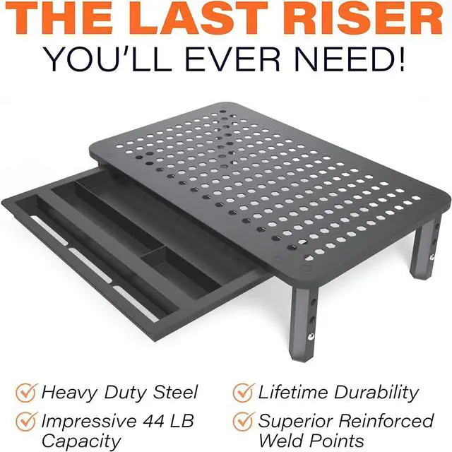 Alt view image 3 of 5 - Back Saver Monitor Stand for Desk - 2 Pack Monitor Riser with Drawer - Gain 5 Weeks a Year, Less Pain & Peak Productivity with Anti Skid Mesh Metal Computer Stand for Laptop, Printer & iMac