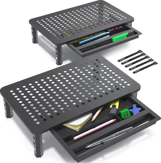 Main image of Back Saver Monitor Stand for Desk - 2 Pack Monitor Riser with Drawer - Gain 5 Weeks a Year, Less Pain & Peak Productivity with Anti Skid Mesh Metal Computer Stand for Laptop, Printer & iMac