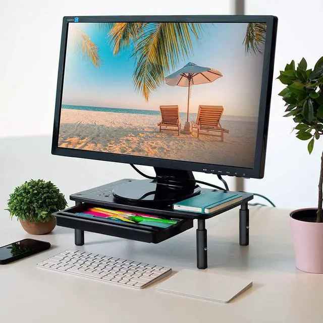 Alt view image 2 of 5 - Back Saver Monitor Stand for Desk - 2 Pack Monitor Riser with Drawer - Gain 5 Weeks a Year, Less Pain & Peak Productivity with Anti Skid Mesh Metal Computer Stand for Laptop, Printer & iMac
