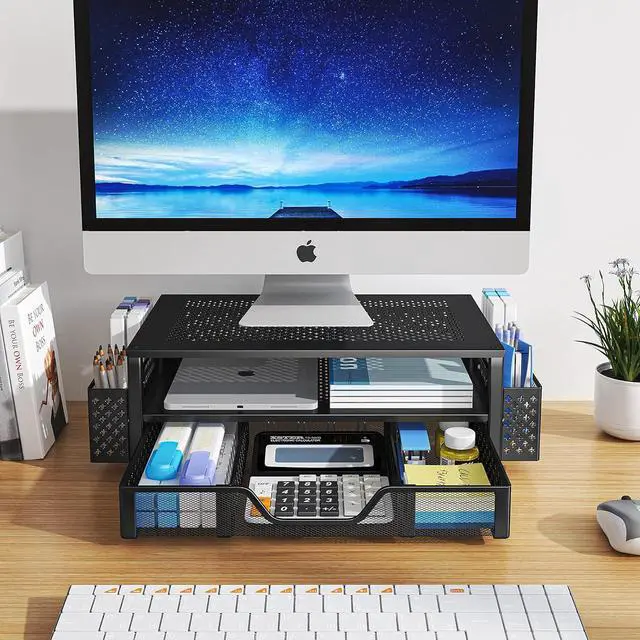 Alt view image 4 of 6 - 2 Tier Metal Monitor Stand Monitor riser and Computer Desk Organizer with Drawer and Pen Holder for Laptop, Computer, iMac, Black