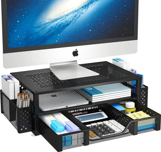 Main image of 2 Tier Metal Monitor Stand Monitor riser and Computer Desk Organizer with Drawer and Pen Holder for Laptop, Computer, iMac, Black