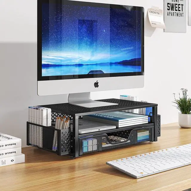 Alt view image 3 of 6 - 2 Tier Metal Monitor Stand Monitor riser and Computer Desk Organizer with Drawer and Pen Holder for Laptop, Computer, iMac, Black