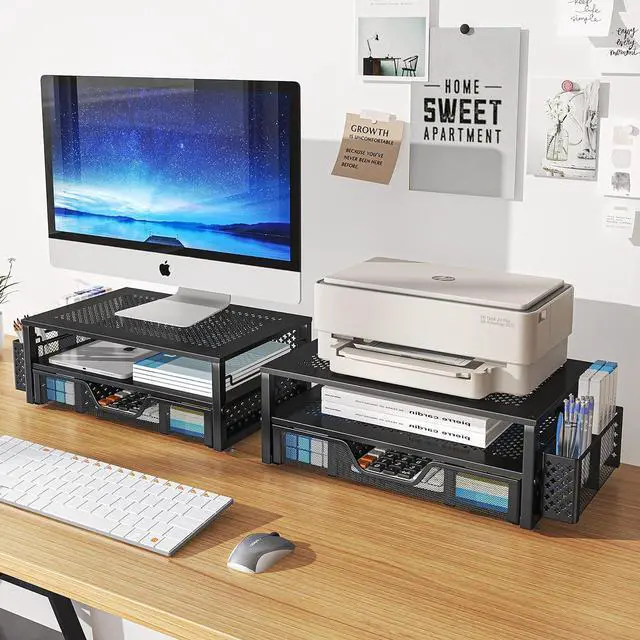 Alt view image 6 of 6 - 2 Tier Metal Monitor Stand Monitor riser and Computer Desk Organizer with Drawer and Pen Holder for Laptop, Computer, iMac, Black