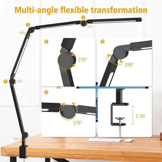 Alt view image 5 of 7 - LED Desk Lamp with Clip, Multi-Angle Flexible 4-Segment 3-Light Source Office Desk Lamp, Clip-on Eye-Care 4 Color Temperature Modes&5 Brightness, Table Lamp for Home Office Studio Study Nail