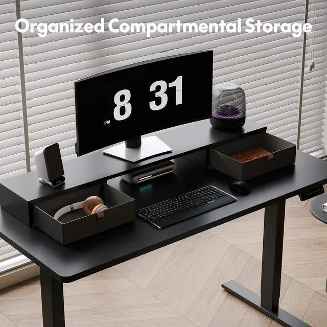 Alt view image 3 of 6 - Electric Standing Desk with Drawer, Solid One-Piece Adjustable Height Desk with Storage Shelf, Ergonomic Monitor Stand for Computer Laptop (Black Frame/Black Top, 55 inch)