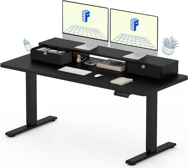 Main image of Electric Standing Desk with Drawer, Solid One-Piece Adjustable Height Desk with Storage Shelf, Ergonomic Monitor Stand for Computer Laptop (Black Frame/Black Top, 55 inch)