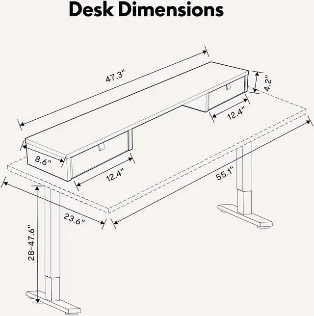 Alt view image 2 of 6 - Electric Standing Desk with Drawer, Solid One-Piece Adjustable Height Desk with Storage Shelf, Ergonomic Monitor Stand for Computer Laptop (Black Frame/Black Top, 55 inch)