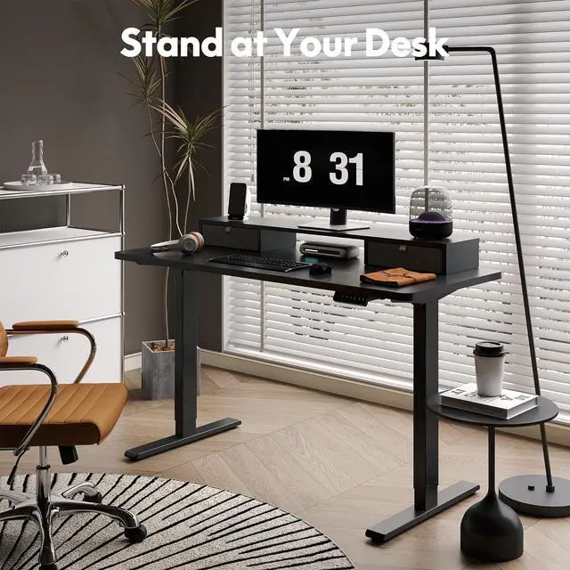 Alt view image 4 of 6 - Electric Standing Desk with Drawer, Solid One-Piece Adjustable Height Desk with Storage Shelf, Ergonomic Monitor Stand for Computer Laptop (Black Frame/Black Top, 55 inch)