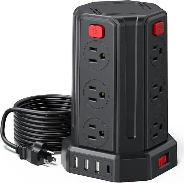 Main image of PD 20W Power Strip with 10FT Extension Cord, Multiple Outlets Surge Protector Power Strip with USB Ports Tower (10FT-PD20W, Black)
