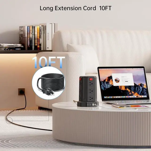 Alt view image 4 of 7 - PD 20W Power Strip with 10FT Extension Cord, Multiple Outlets Surge Protector Power Strip with USB Ports Tower (10FT-PD20W, Black)
