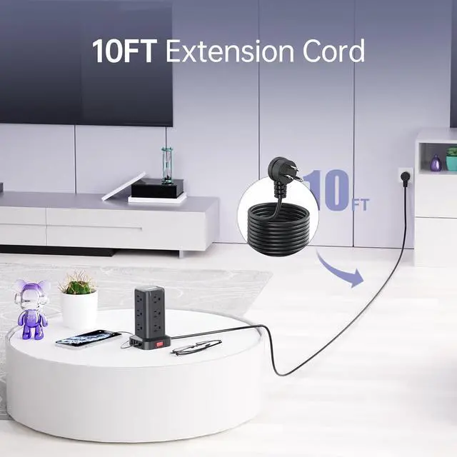 Alt view image 5 of 7 - Surge Protector Power Strip Tower,10FT Extension Cord with Multiple Outlets, 12 AC 4 USB (1 USB C),Mini Power Strip with USB Ports, Surge Protector Tower Overload Protection for Office, Desk