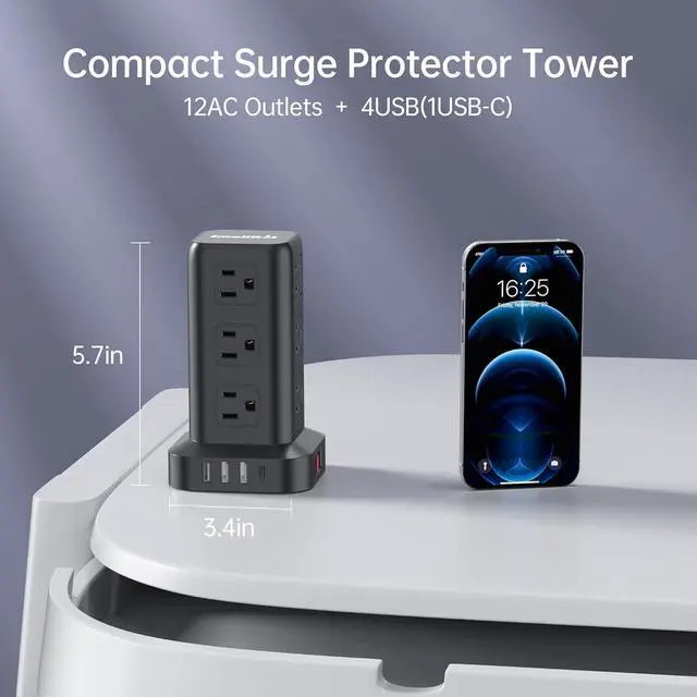Alt view image 2 of 7 - Surge Protector Power Strip Tower,10FT Extension Cord with Multiple Outlets, 12 AC 4 USB (1 USB C),Mini Power Strip with USB Ports, Surge Protector Tower Overload Protection for Office, Desk