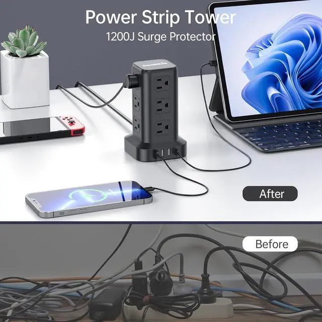 Alt view image 3 of 7 - Surge Protector Power Strip Tower,10FT Extension Cord with Multiple Outlets, 12 AC 4 USB (1 USB C),Mini Power Strip with USB Ports, Surge Protector Tower Overload Protection for Office, Desk