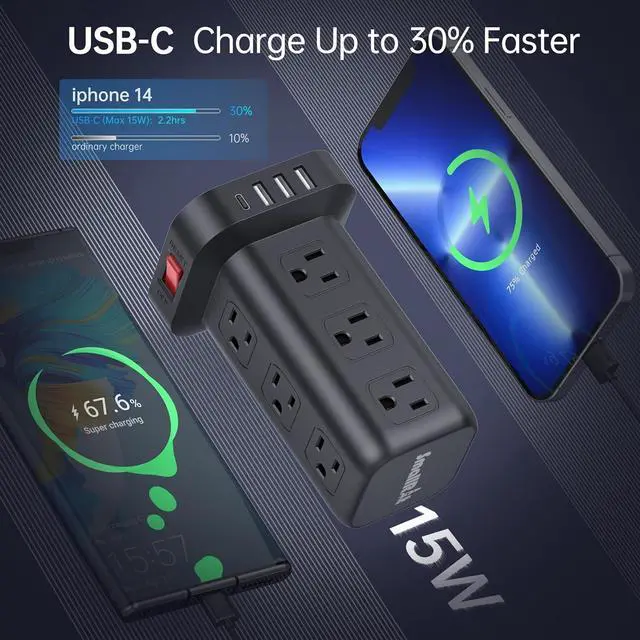 Alt view image 3 of 7 - 15FT USB C Power Strip Surge Protector Tower, Mini Power Strip Tower Travel 12 AC 4 USB Power Strip with USB Ports, Overload Protection for Home Office