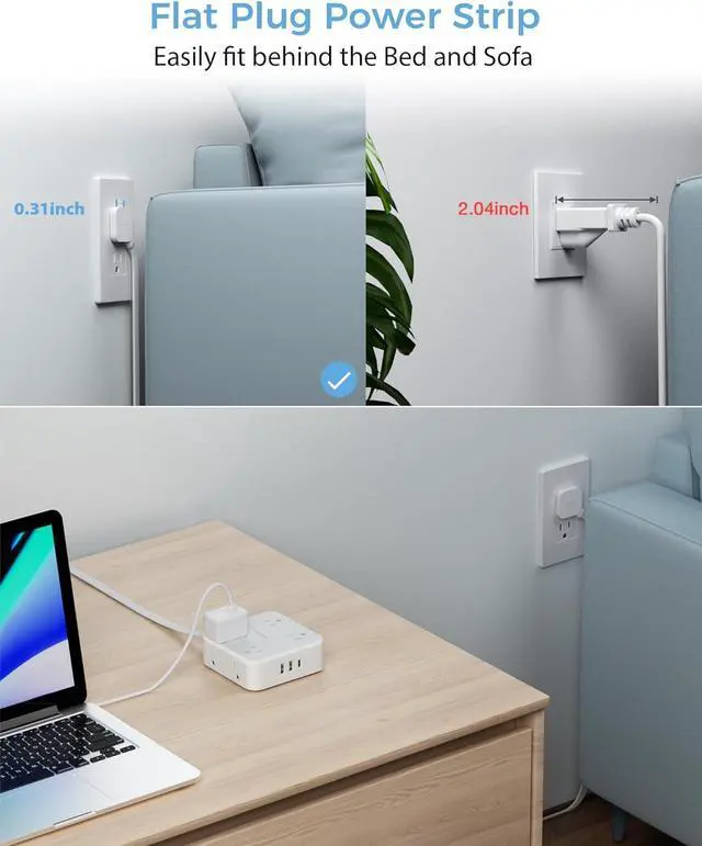 Alt view image 3 of 7 - Power Strip Surge Protector 10 Ft Cord, 8 AC Outlets, 3 USB Charger(1 USB C Port), Ultra Thin Extension Cord, Flat Plug, 900 Joules Protection, Desk Charging Station for Home, Office Essentials