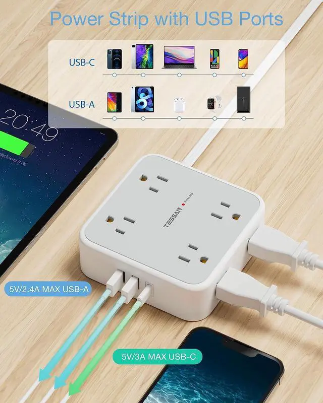 Alt view image 4 of 7 - Power Strip Surge Protector 10 Ft Cord, 8 AC Outlets, 3 USB Charger(1 USB C Port), Ultra Thin Extension Cord, Flat Plug, 900 Joules Protection, Desk Charging Station for Home, Office Essentials
