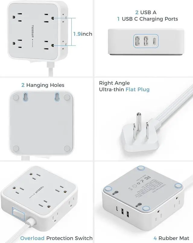 Alt view image 7 of 7 - Power Strip Surge Protector 10 Ft Cord, 8 AC Outlets, 3 USB Charger(1 USB C Port), Ultra Thin Extension Cord, Flat Plug, 900 Joules Protection, Desk Charging Station for Home, Office Essentials