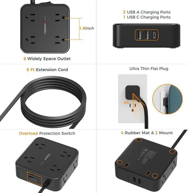 Alt view image 6 of 6 - Surge Protector Flat Plug Power Strip, Black Extension Cord, 8 AC Outlets, 3 USB Charger(1 USB C Port) 3 Side Outlet Extender, 5 Ft, 900 Joules Protection, Office Supplies, Dorm Room Essentials