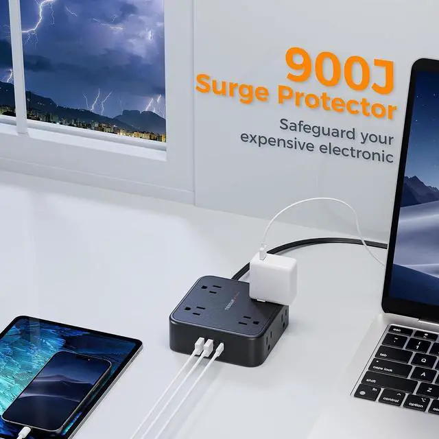 Alt view image 5 of 6 - Surge Protector Flat Plug Power Strip, Black Extension Cord, 8 AC Outlets, 3 USB Charger(1 USB C Port) 3 Side Outlet Extender, 5 Ft, 900 Joules Protection, Office Supplies, Dorm Room Essentials
