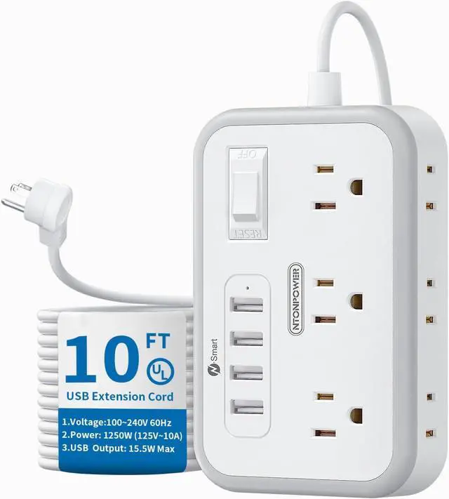 Main image of Flat Plug Extension Cord 10 ft, Power Strip with 6 Widely Outlets 4 USB Ports, 2 Side Outlet Extender, Overload Protection, Long Extension Cord with Multiple Outlets for Indoor, Home Office, Dorm Room