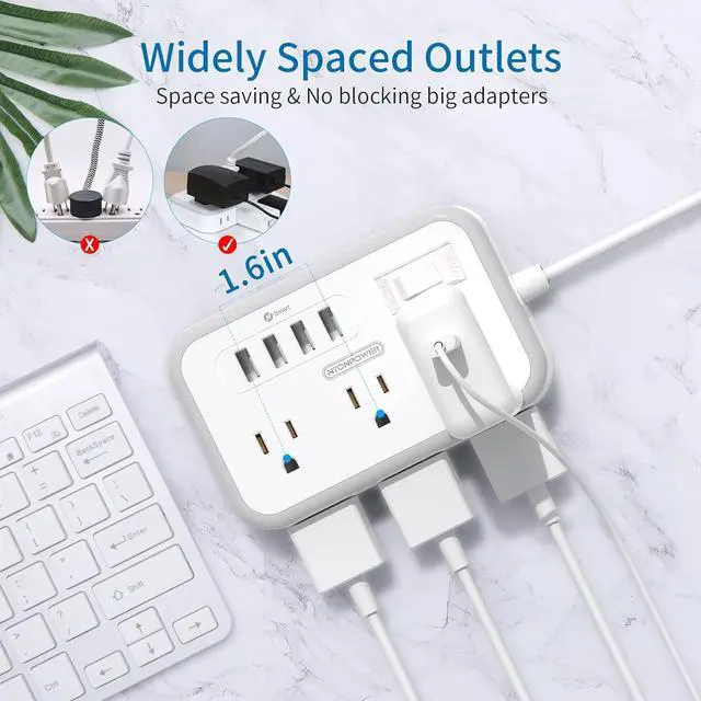 Alt view image 4 of 7 - Flat Plug Extension Cord 10 ft, Power Strip with 6 Widely Outlets 4 USB Ports, 2 Side Outlet Extender, Overload Protection, Long Extension Cord with Multiple Outlets for Indoor, Home Office, Dorm Room