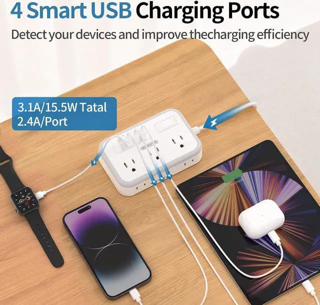Alt view image 3 of 7 - Flat Plug Extension Cord 10 ft, Power Strip with 6 Widely Outlets 4 USB Ports, 2 Side Outlet Extender, Overload Protection, Long Extension Cord with Multiple Outlets for Indoor, Home Office, Dorm Room