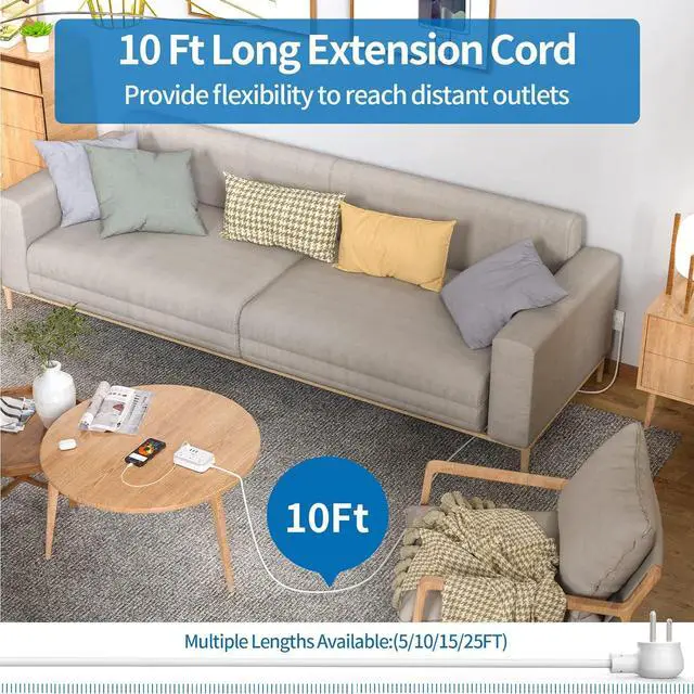 Alt view image 2 of 7 - Flat Plug Extension Cord 10 ft, Power Strip with 6 Widely Outlets 4 USB Ports, 2 Side Outlet Extender, Overload Protection, Long Extension Cord with Multiple Outlets for Indoor, Home Office, Dorm Room