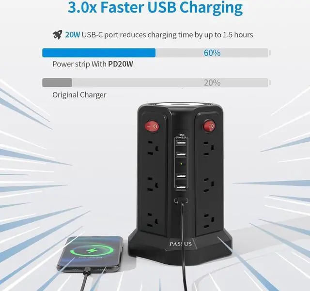 Alt view image 2 of 7 - Surge Protector Power Strip with 5 USB Ports(1 USB C PD20W), 2nd Generation Power Strips with Night Light, 10FT Extension Cord with Multiple Outlets for Home Office Dormroom Essentials