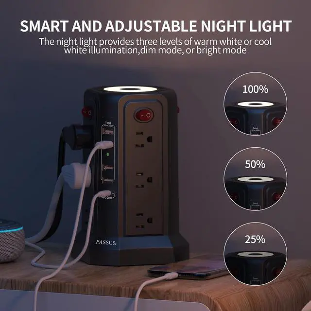 Alt view image 4 of 7 - Surge Protector Power Strip with 5 USB Ports(1 USB C PD20W), 2nd Generation Power Strips with Night Light, 10FT Extension Cord with Multiple Outlets for Home Office Dormroom Essentials