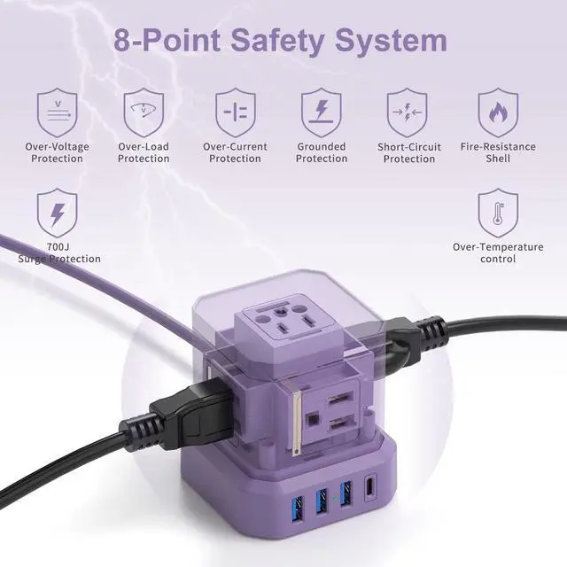 Alt view image 4 of 7 - Power Strip with USB, USB C (3.0A) Travel Strip, 10 FT Extension Cord 5 AC Outlet 4 Compact Desk Charging Station for Home Office, Dorm, Hotel, 700J Surge Protection, Flat Plug