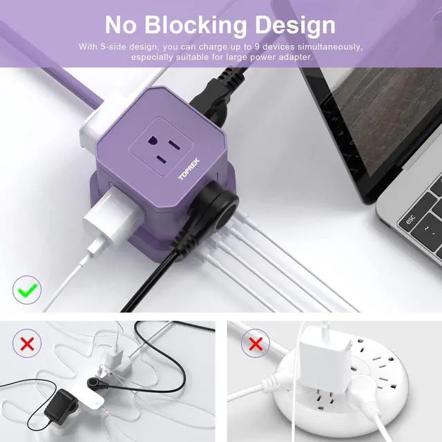 Alt view image 6 of 7 - Power Strip with USB, USB C (3.0A) Travel Strip, 10 FT Extension Cord 5 AC Outlet 4 Compact Desk Charging Station for Home Office, Dorm, Hotel, 700J Surge Protection, Flat Plug