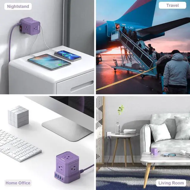 Alt view image 5 of 7 - Power Strip with USB, USB C (3.0A) Travel Strip, 10 FT Extension Cord 5 AC Outlet 4 Compact Desk Charging Station for Home Office, Dorm, Hotel, 700J Surge Protection, Flat Plug