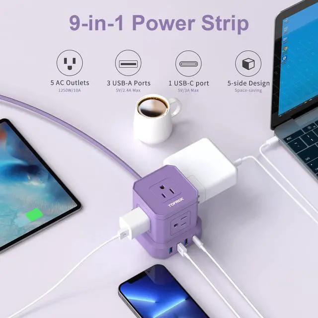 Alt view image 2 of 7 - Power Strip with USB, USB C (3.0A) Travel Strip, 10 FT Extension Cord 5 AC Outlet 4 Compact Desk Charging Station for Home Office, Dorm, Hotel, 700J Surge Protection, Flat Plug