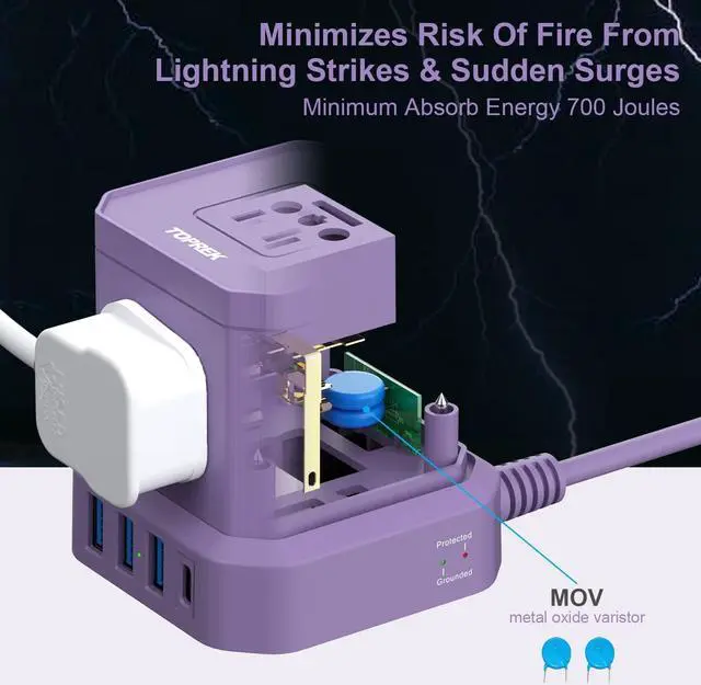 Alt view image 7 of 7 - Power Strip with USB, USB C (3.0A) Travel Strip, 10 FT Extension Cord 5 AC Outlet 4 Compact Desk Charging Station for Home Office, Dorm, Hotel, 700J Surge Protection, Flat Plug