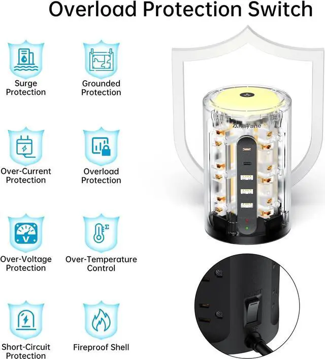 Alt view image 6 of 7 - Power Strip Tower with Night Light, PD 20W Power Strip Surge Protector with USB Ports, Extension Cord 10 FT with Multiple Outlets (12AC+3A+2C) for Home Office Desk DormRoom (Black)