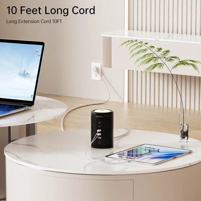 Alt view image 5 of 7 - Power Strip Tower with Night Light, PD 20W Power Strip Surge Protector with USB Ports, Extension Cord 10 FT with Multiple Outlets (12AC+3A+2C) for Home Office Desk DormRoom (Black)