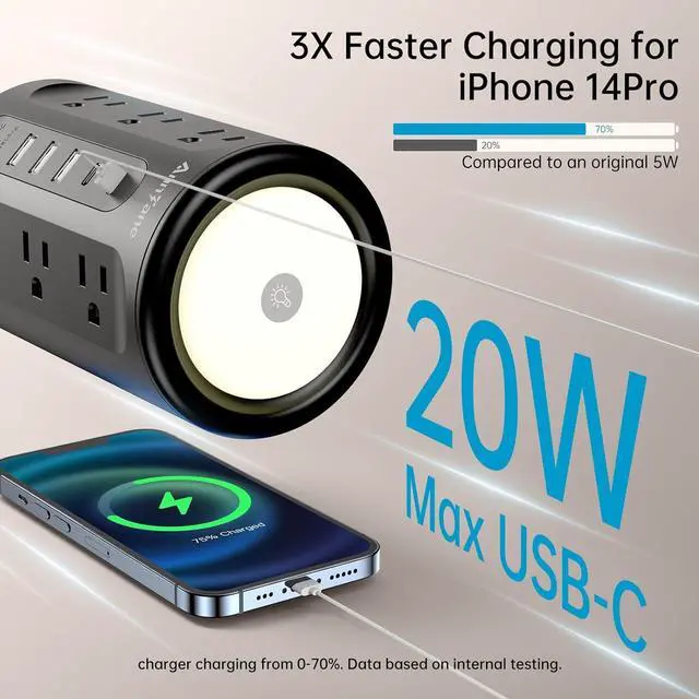 Alt view image 3 of 7 - Power Strip Tower with Night Light, PD 20W Power Strip Surge Protector with USB Ports, Extension Cord 10 FT with Multiple Outlets (12AC+3A+2C) for Home Office Desk DormRoom (Black)