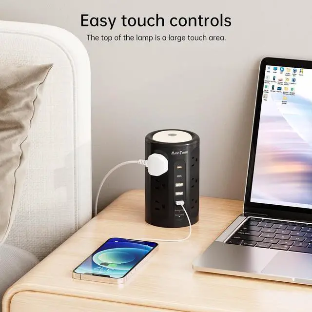 Alt view image 4 of 7 - Power Strip Tower with Night Light, PD 20W Power Strip Surge Protector with USB Ports, Extension Cord 10 FT with Multiple Outlets (12AC+3A+2C) for Home Office Desk DormRoom (Black)