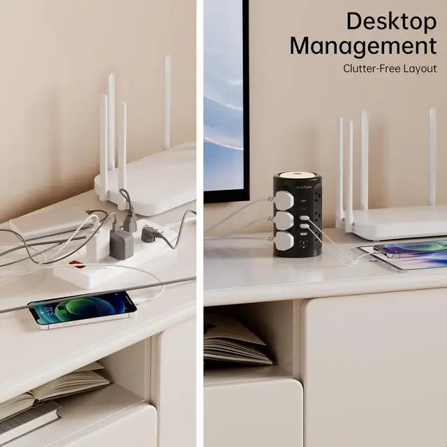 Alt view image 7 of 7 - Power Strip Tower with Night Light, PD 20W Power Strip Surge Protector with USB Ports, Extension Cord 10 FT with Multiple Outlets (12AC+3A+2C) for Home Office Desk DormRoom (Black)