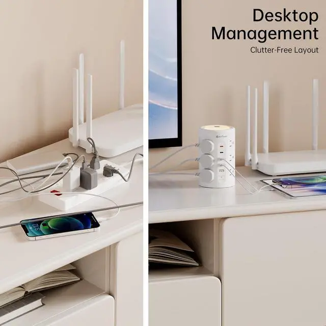 Alt view image 6 of 7 - Power Strip Tower with Night Light, PD 20W Surge Protector Power Strip with USB Ports, 10 FT Extension Cord with Multiple Outlets (12AC+3A+2C) for Home Office Desk DormRoom (White)