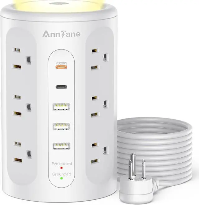 Main image of Power Strip Tower with Night Light, PD 20W Surge Protector Power Strip with USB Ports, 10 FT Extension Cord with Multiple Outlets (12AC+3A+2C) for Home Office Desk DormRoom (White)