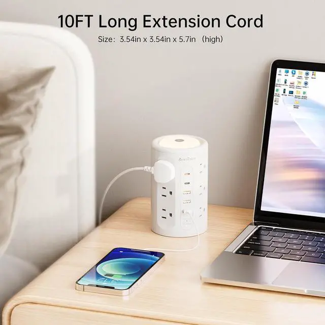 Alt view image 4 of 7 - Power Strip Tower with Night Light, PD 20W Surge Protector Power Strip with USB Ports, 10 FT Extension Cord with Multiple Outlets (12AC+3A+2C) for Home Office Desk DormRoom (White)
