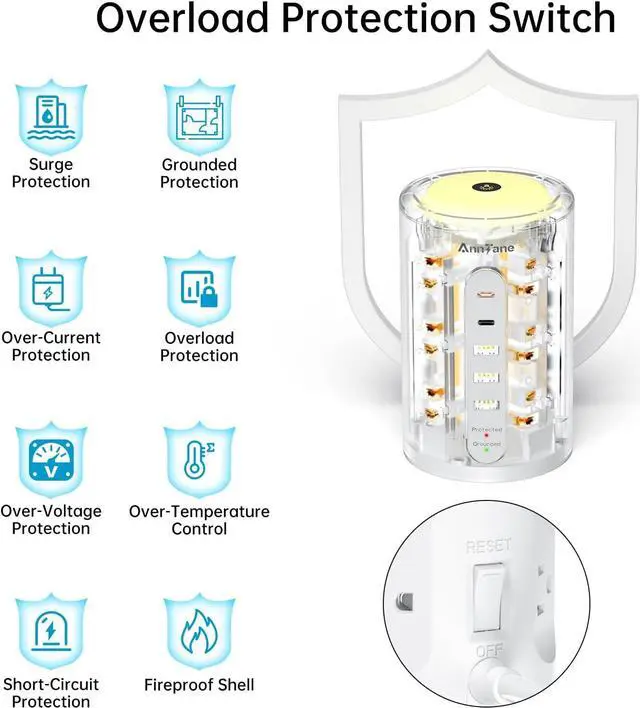 Alt view image 5 of 7 - Power Strip Tower with Night Light, PD 20W Surge Protector Power Strip with USB Ports, 10 FT Extension Cord with Multiple Outlets (12AC+3A+2C) for Home Office Desk DormRoom (White)