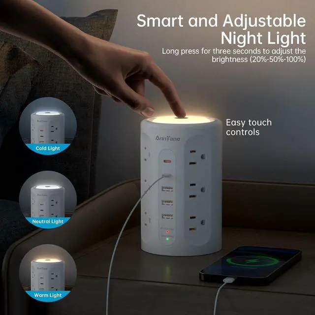Alt view image 2 of 7 - Power Strip Tower with Night Light, PD 20W Surge Protector Power Strip with USB Ports, 10 FT Extension Cord with Multiple Outlets (12AC+3A+2C) for Home Office Desk DormRoom (White)
