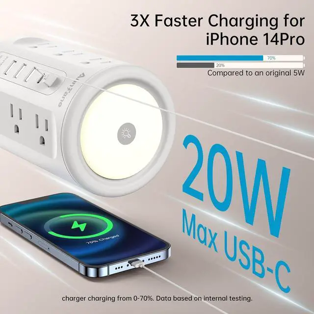 Alt view image 3 of 7 - Power Strip Tower with Night Light, PD 20W Surge Protector Power Strip with USB Ports, 10 FT Extension Cord with Multiple Outlets (12AC+3A+2C) for Home Office Desk DormRoom (White)