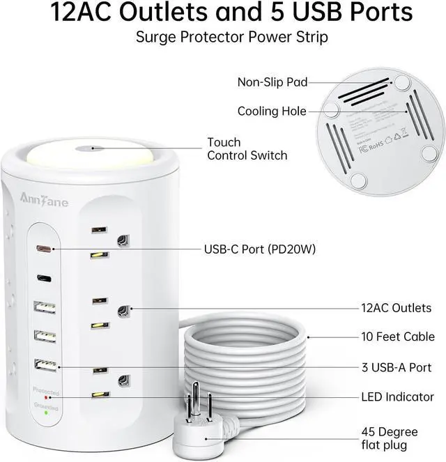 Alt view image 7 of 7 - Power Strip Tower with Night Light, PD 20W Surge Protector Power Strip with USB Ports, 10 FT Extension Cord with Multiple Outlets (12AC+3A+2C) for Home Office Desk DormRoom (White)