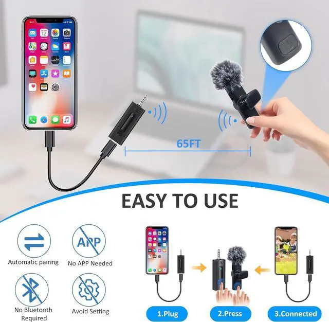 Alt view image 2 of 7 - 2 Pack Wireless Microphones for Camera/GoPro/iPhone/Android Phone/Laptop/Computer, Plug-Play 2.4GHz Wireless Lavalier Microphone for Video Recording, Interview, Vlogging