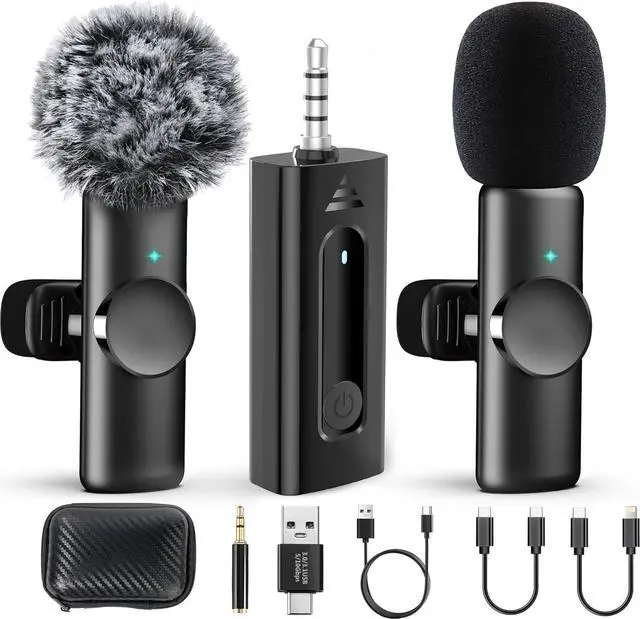 Main image of 2 Pack Wireless Microphones for Camera/GoPro/iPhone/Android Phone/Laptop/Computer, Plug-Play 2.4GHz Wireless Lavalier Microphone for Video Recording, Interview, Vlogging