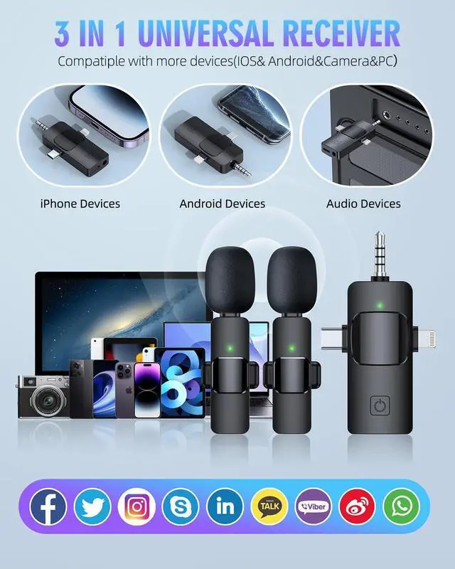 Alt view image 6 of 7 - 3 in 1 Wireless Lavalier Microphones for iPhone, iPad, Android, Camera, USB-C Microphone, 7-Hour Battery, Mini Microphone with Noise Reduction for Video Recording, Vlog, YouTube, TikTok